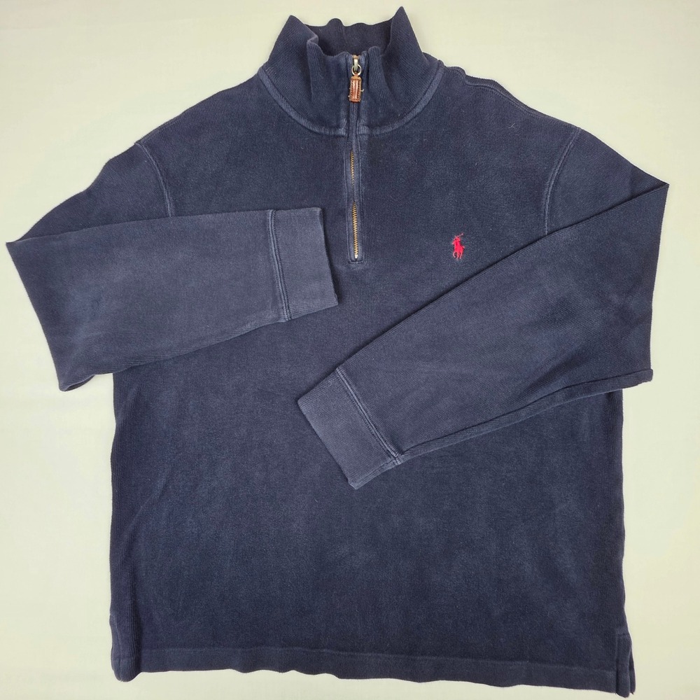 Polo Ralph Lauren Quarter Zip Pullover Mens L Navy Blue Excellent Ribbed Cotton‎